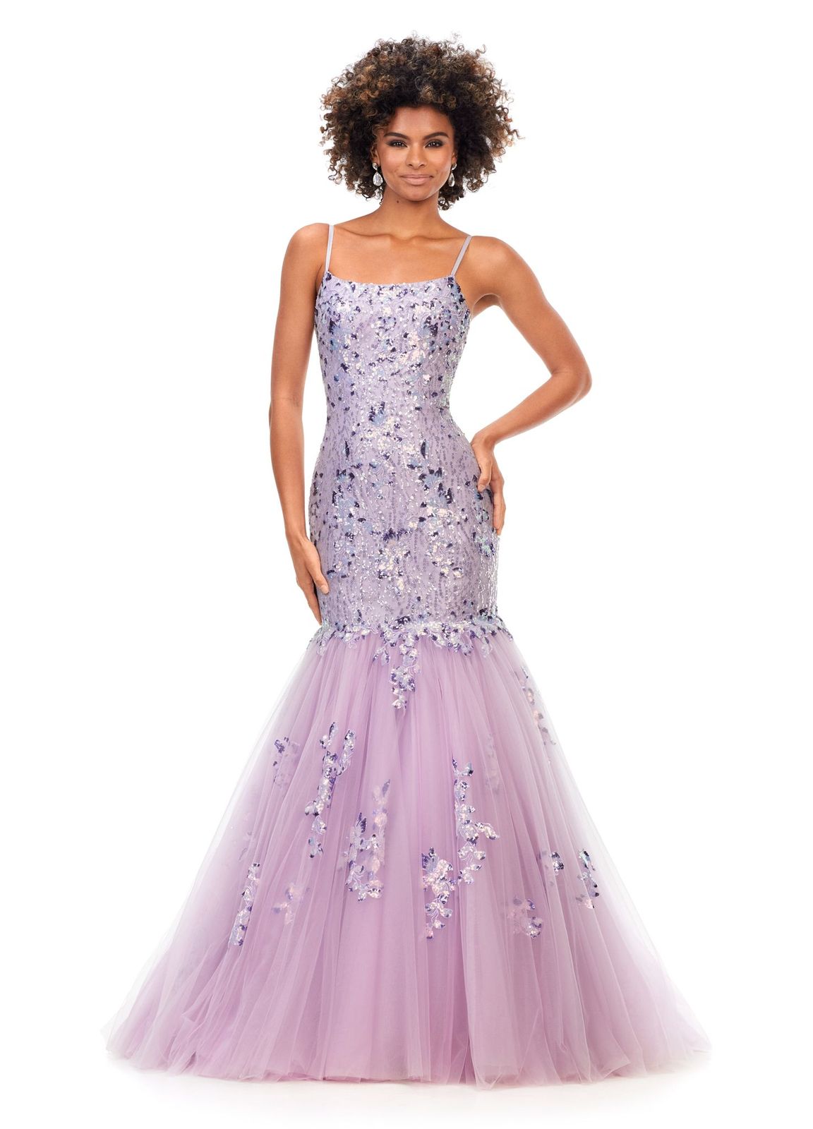 Ashley Lauren 11375 This spaghetti strap prom dress features sequin appliques throughout the bodice that cascade down onto the fit and flare skirt. The look is complete with an open lace up back. Straight Neckline Spaghetti Straps Fit & Flare Skirt Tulle & Sequin Applique COLORS: Sky, Lilac