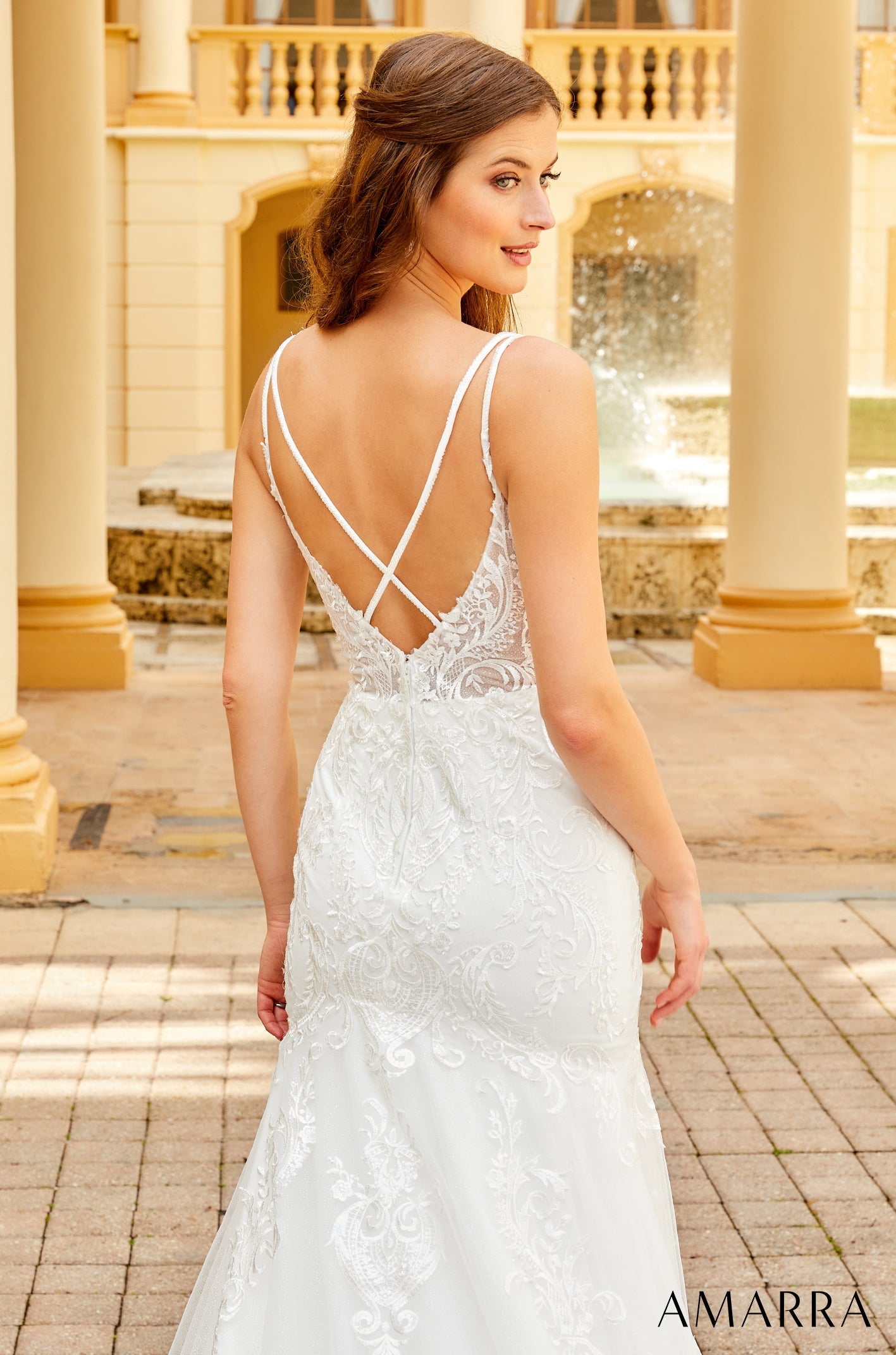 Amarra Bridal HART 84368 Backless Mermaid Wedding Dress Bridal Gown Train Sheer Lace Simple and classic makes for a beautiful romance. That’s what you’ll get when you wear this stunning dress on your wedding day. The demure lace bodice features plunging v-neckline and a fitted design, while the dramatic flare at the knees allows for a bit of fun and creates the look of a mermaid. 