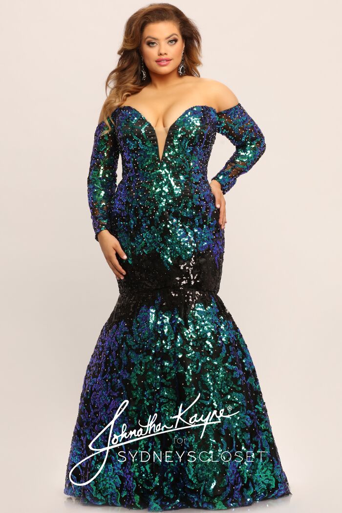 Johnathan Kayne for Sydneys Closet JK2010 Cobra off the shoulder long sleeves plunging neckline mermaid plus size prom dress with corset lace up back embellished with stones