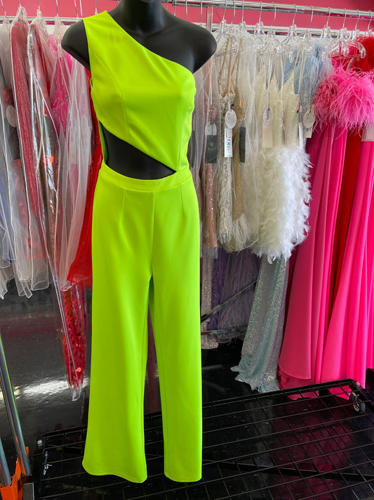 Marc Defang 8162 size 2 Lime Green Jumpsuit One Shoulder Cutout Side