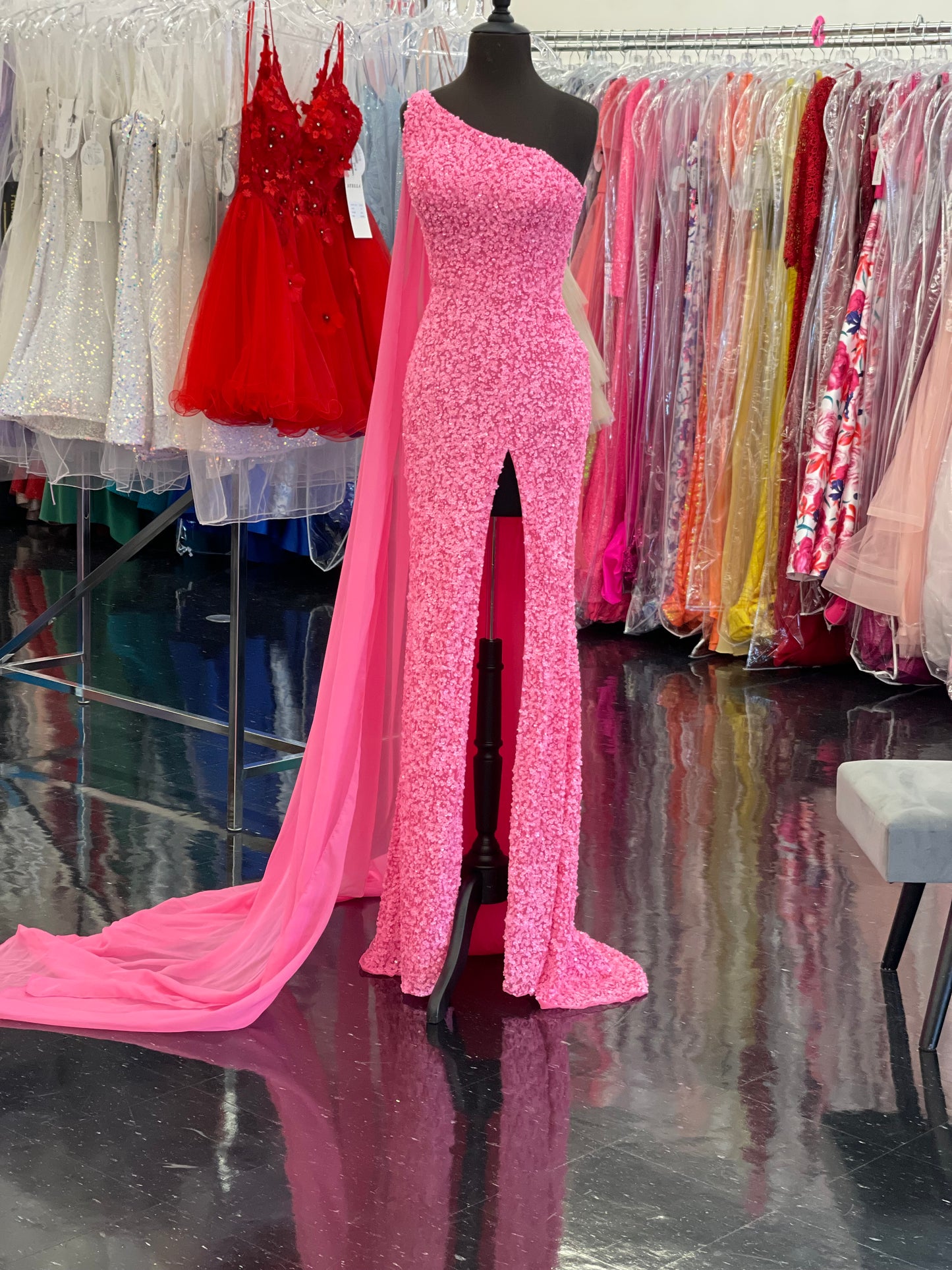 Ashley Lauren 11371 One Shoulder Prom Dress fully sequence with shoulder cape and slit.  Colors : Candy Pink, AB Turquoise, Coral, Emerald, Royal, Sky  Sizes: 0-24  One Shoulder Shoulder cape Slit Fully sequenced 