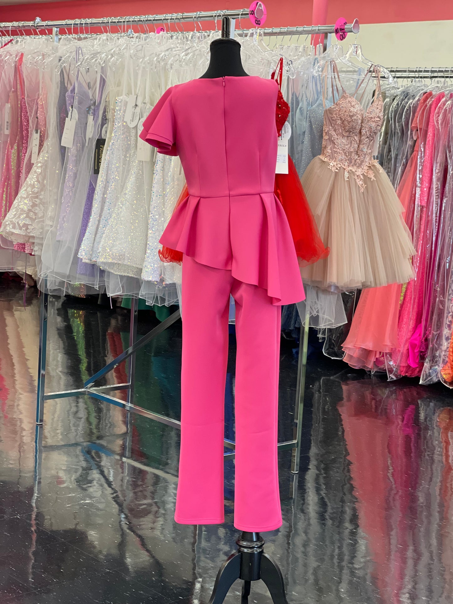 Marc Defang 8117k girls, kids pageant interview jumpsuit peplum skirt with one shoulder ruffle  Available sizes: 2-14  Available colors: Mint, Hot Pink, Red, Lilac (Check swatches for custom colors - 30-45 days)