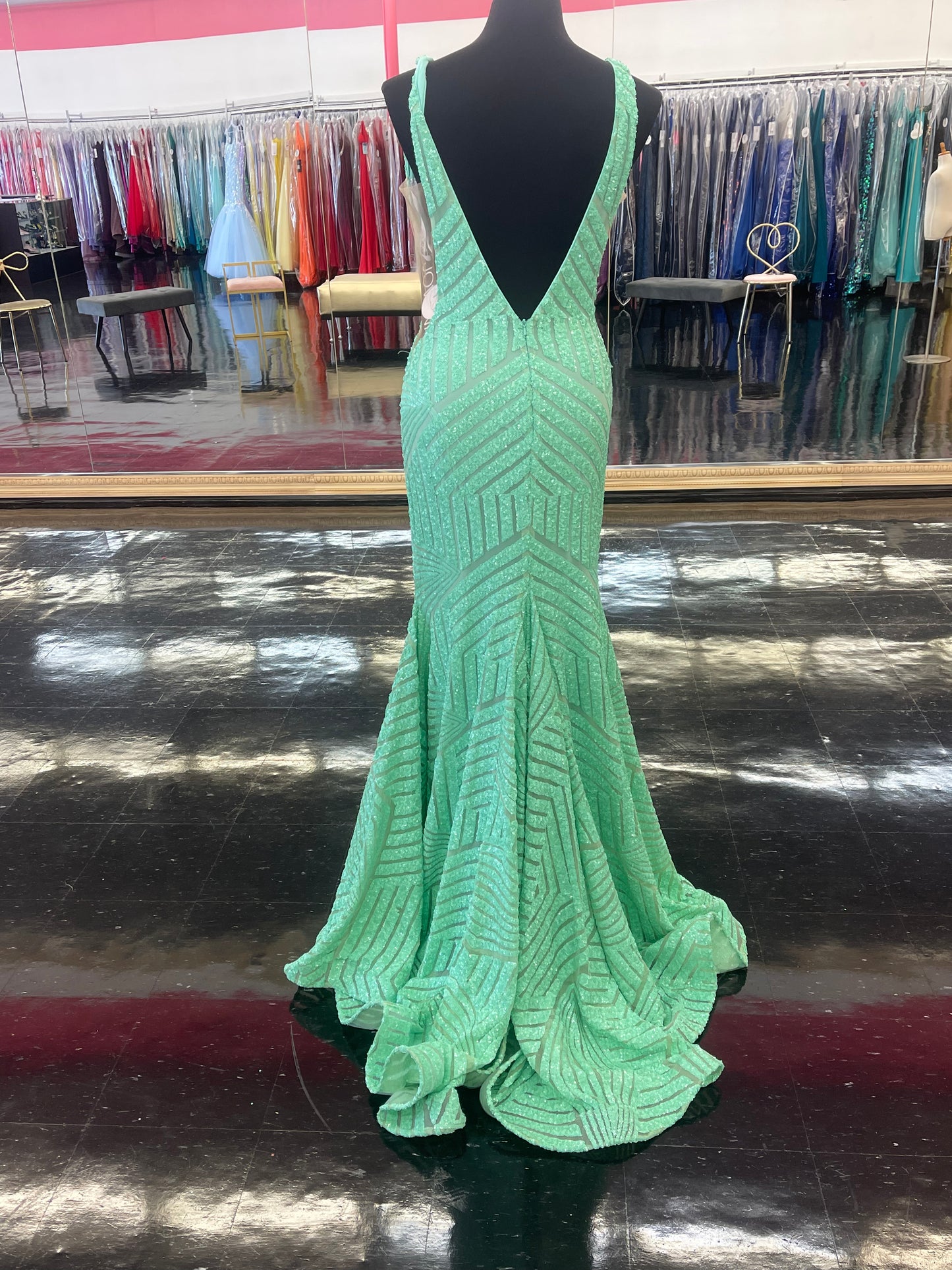 Jovani 59762 Mint Green Prom Dress Size 10 Sequin Embellished Mermaid Pageant Gown plunging neckline