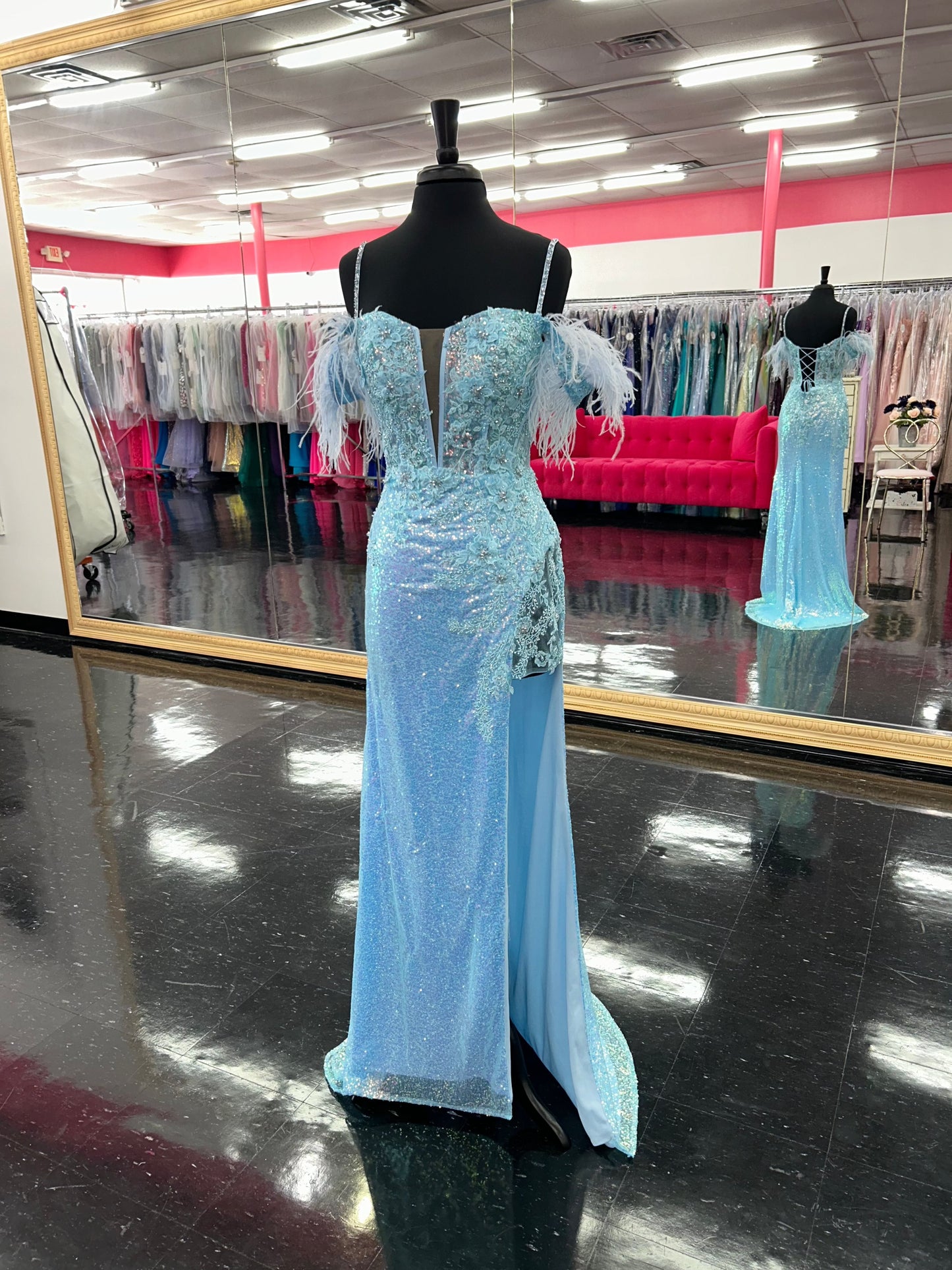 Lucci Lu 1282 Long Fitted Sequin Sheer Lace Feather off the Shoulder Prom Dress Formal Gown Corset Back  Sizes: 10  Colors: Light Blue