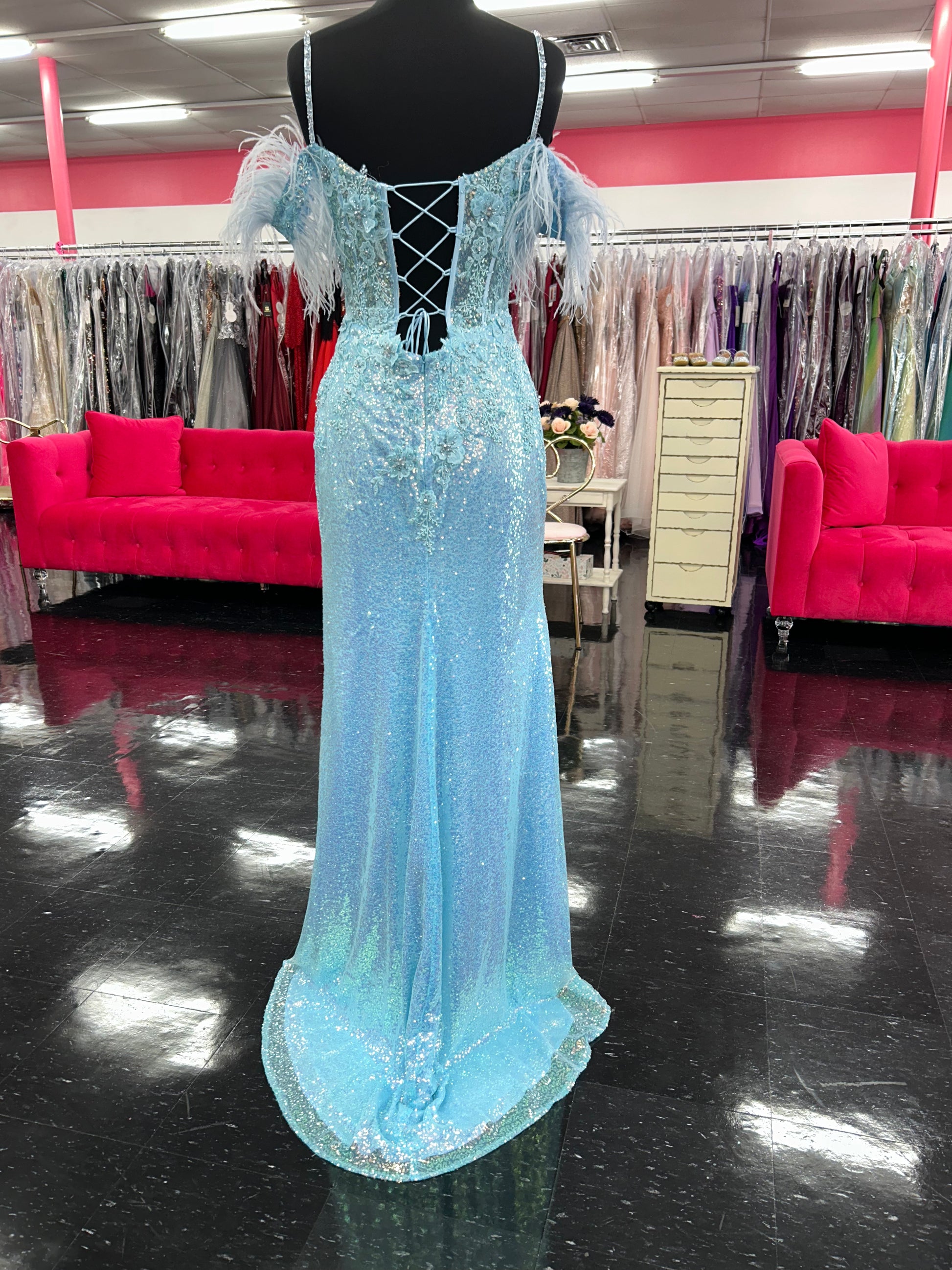 Lucci Lu 1282 Long Fitted Sequin Sheer Lace Feather off the Shoulder Prom Dress Formal Gown Corset Back  Sizes: 00-12  Colors: Light Blue, Light Green, Light Pink