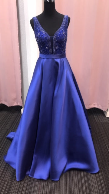 JVN67198 Royal Sizes 6  In Stock prom dress Beaded fitted bodice, plunging V neck with sheer mesh insert, sleeveless, V back, floor length a line pleated skirt, sweeping train evening gown. Pockets!!