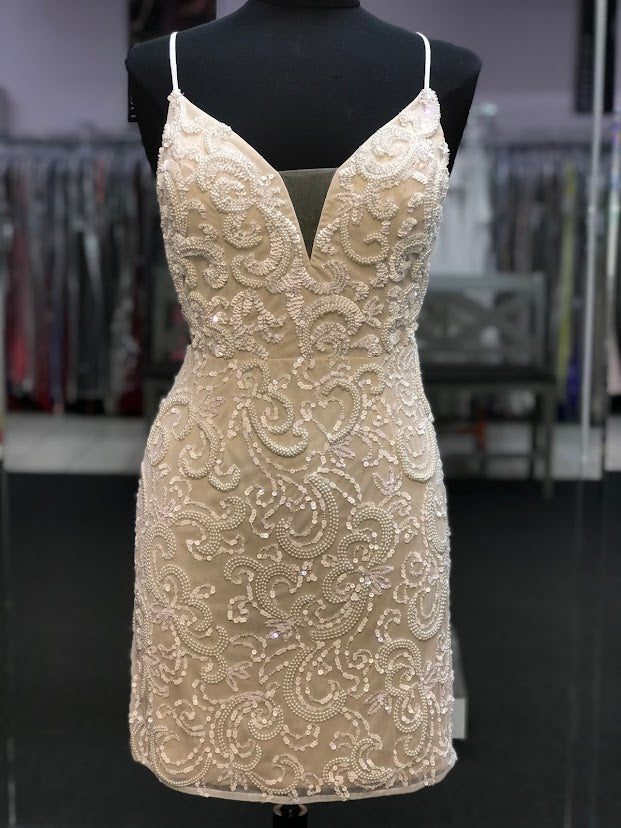 Ashley Lauren 4257 Size 4 Short Beaded Cocktail Dress Formal Ivory Gown beaded sequin