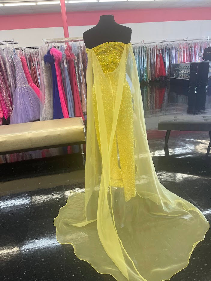 Marc Defang 8046 This is an off shoulder design jumpsuit with detachable shoulder cape, price inclusive of the cape.   It is fully beaded with sequins and has a center back invisible zipper.  Size 4 Bright Yellow   