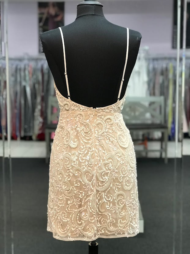 Ashley Lauren 4257 Size 4 Short Beaded Cocktail Dress Formal Ivory Gown beaded sequin