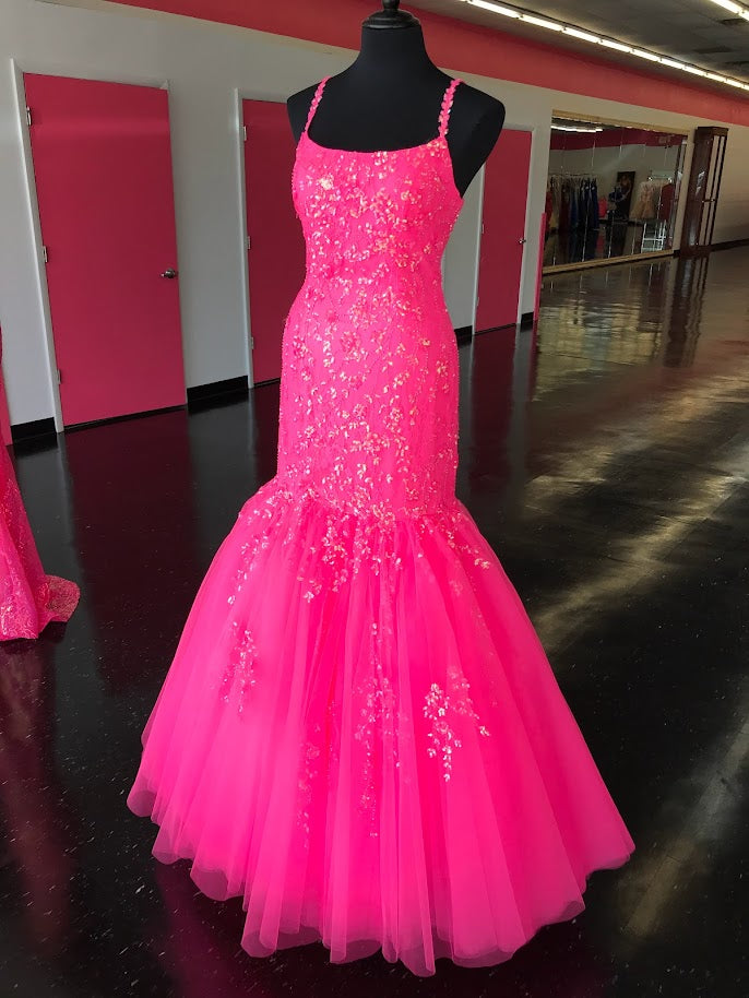 Amarra 87339 Sequin Embellished Tulle Mermaid Prom Dress Backless Corset Lace Gown extreme tulle trumpet skirt with sweeping train.   Available Sizes: 10  Available Colors: Neon Pink