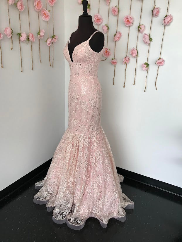 Ashley Lauren 1743 Long Lace formal Mermaid Prom Dress with clear petite sequins  and crystal rhinestone accents. v neckline with a solid lace base. Great pageant Gown  size 4 Blush 