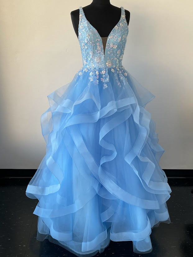 Amarra 87334 Long Layer Ruffle A Line Ball Gown Prom Dress Sequin Pageant  Ruffles, sparkles, tulle, and more! AMARRA 87334 is a one-of-a-kind, bold design that embodies everything we love about getting dressed up and feeling glamorous. This ball gown features a v-neckline with a mesh insert and breathtaking floral sequin throughout the bodice