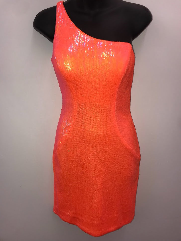 Jovani 22528 Size 2 Iri Orange Short Fitted One Shoulder Sequin Homecoming Dress Formal Cocktail Gown