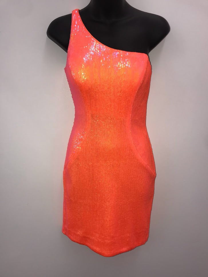 Jovani 22528 Size 2 Iri Orange Short Fitted One Shoulder Sequin Homecoming Dress Formal Cocktail Gown