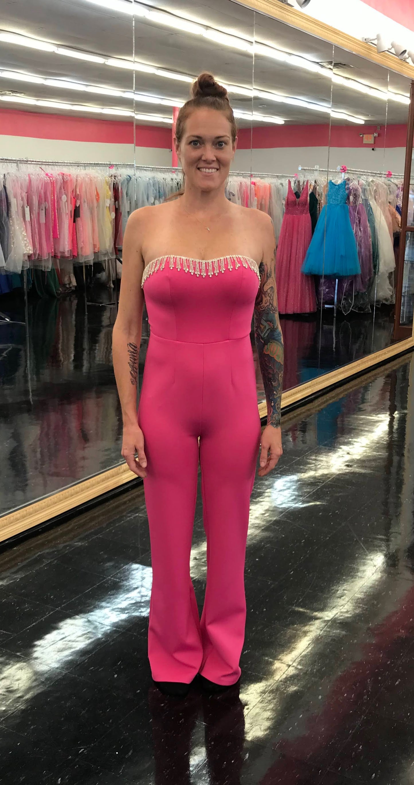 Marc Defang 8180 Long Scuba Strapless Jumpsuit Crystal Fringe Tassel Pageant Neon  Available Size:  2, 12  Available Color:  Hot Pink