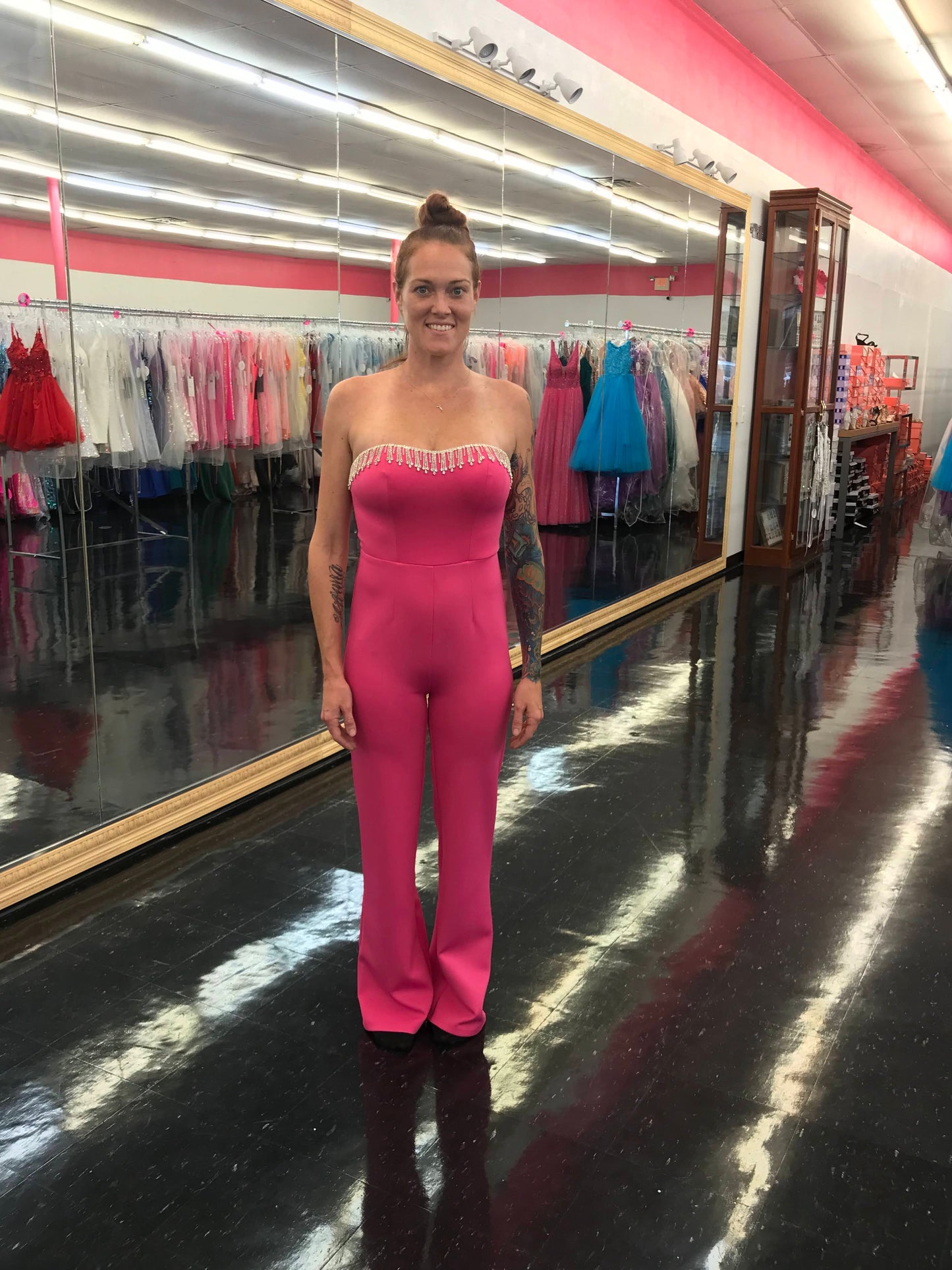 Marc Defang 8180 Long Scuba Strapless Jumpsuit Crystal Fringe Tassel Pageant Neon  Available Size:  2, 12  Available Color:  Hot Pink