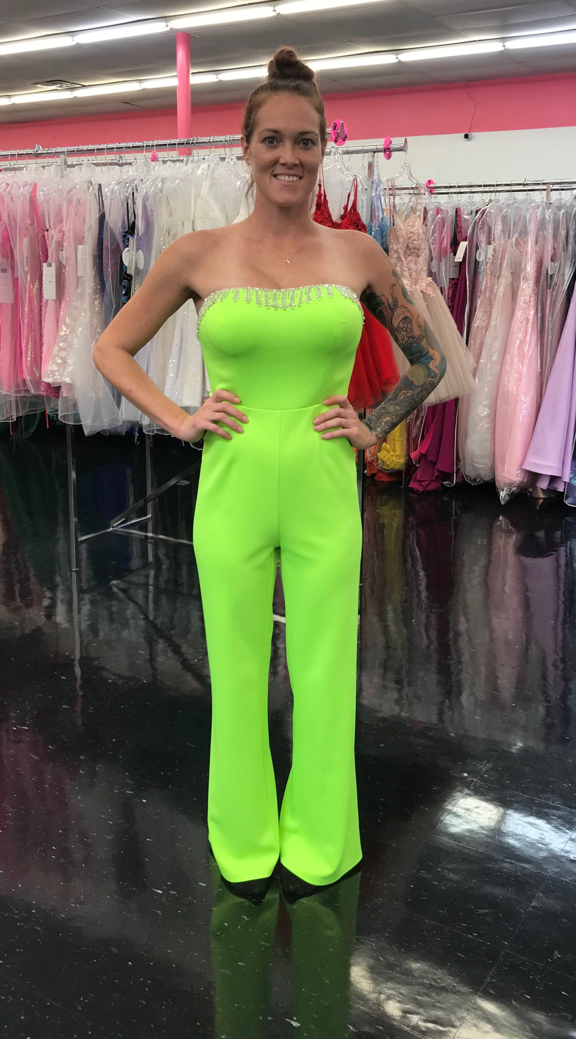 Marc Defang 8180 Long Scuba Strapless Jumpsuit Crystal Fringe Tassel Pageant Neon  Available Size:  0, 10  Available Color:  Neon Green