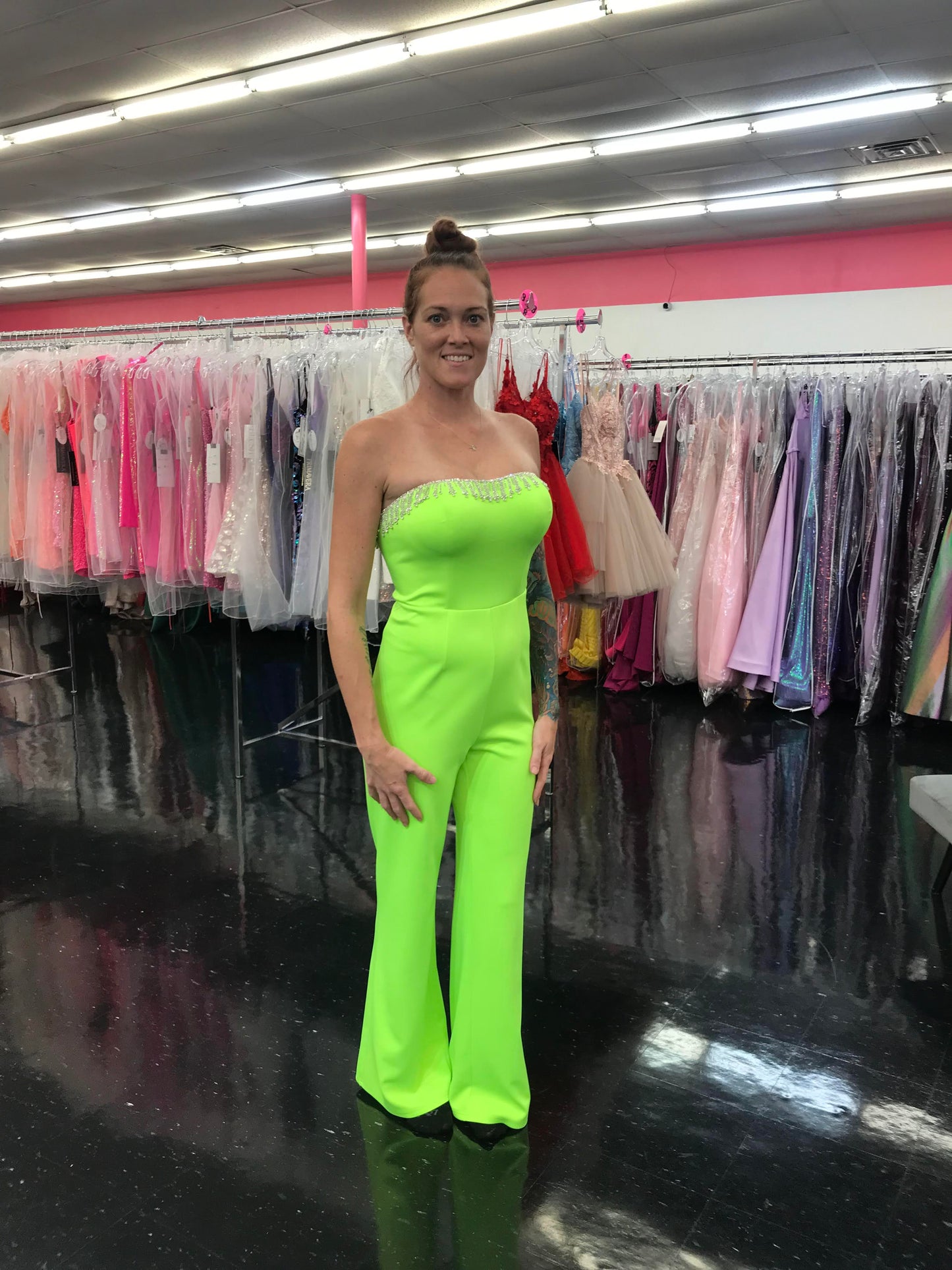 Marc Defang 8180 Long Scuba Strapless Jumpsuit Crystal Fringe Tassel Pageant Neon  Available Size:  0, 10  Available Color:  Neon Green