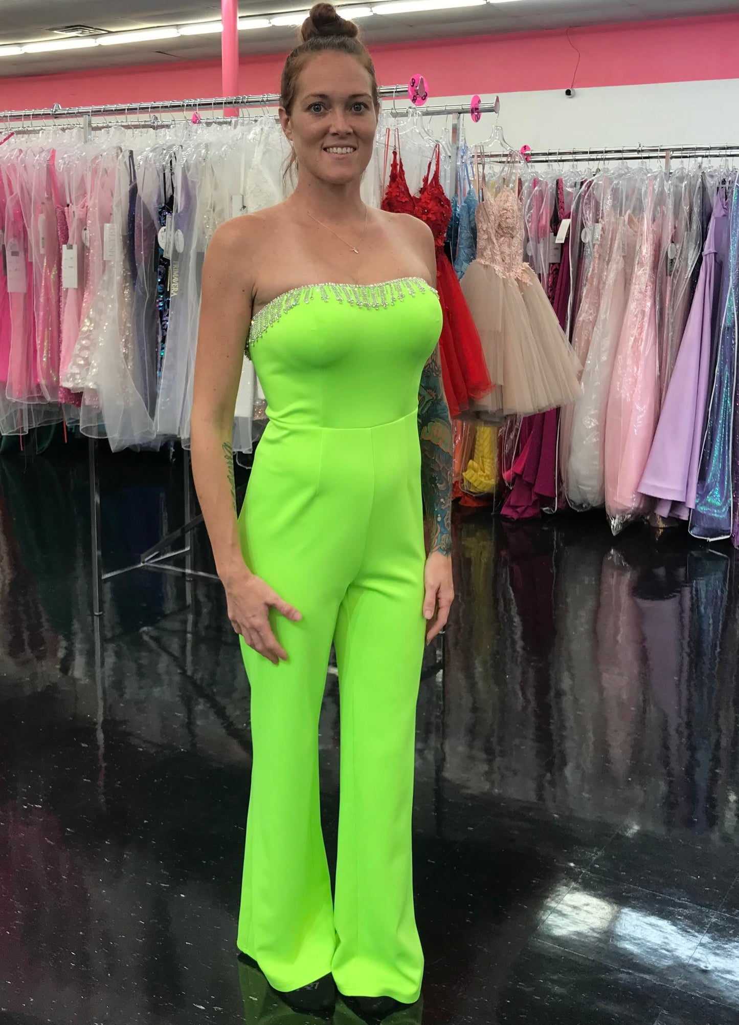 Marc Defang 8180 Long Scuba Strapless Jumpsuit Crystal Fringe Tassel Pageant Neon  Available Size:  0, 10  Available Color:  Neon Green