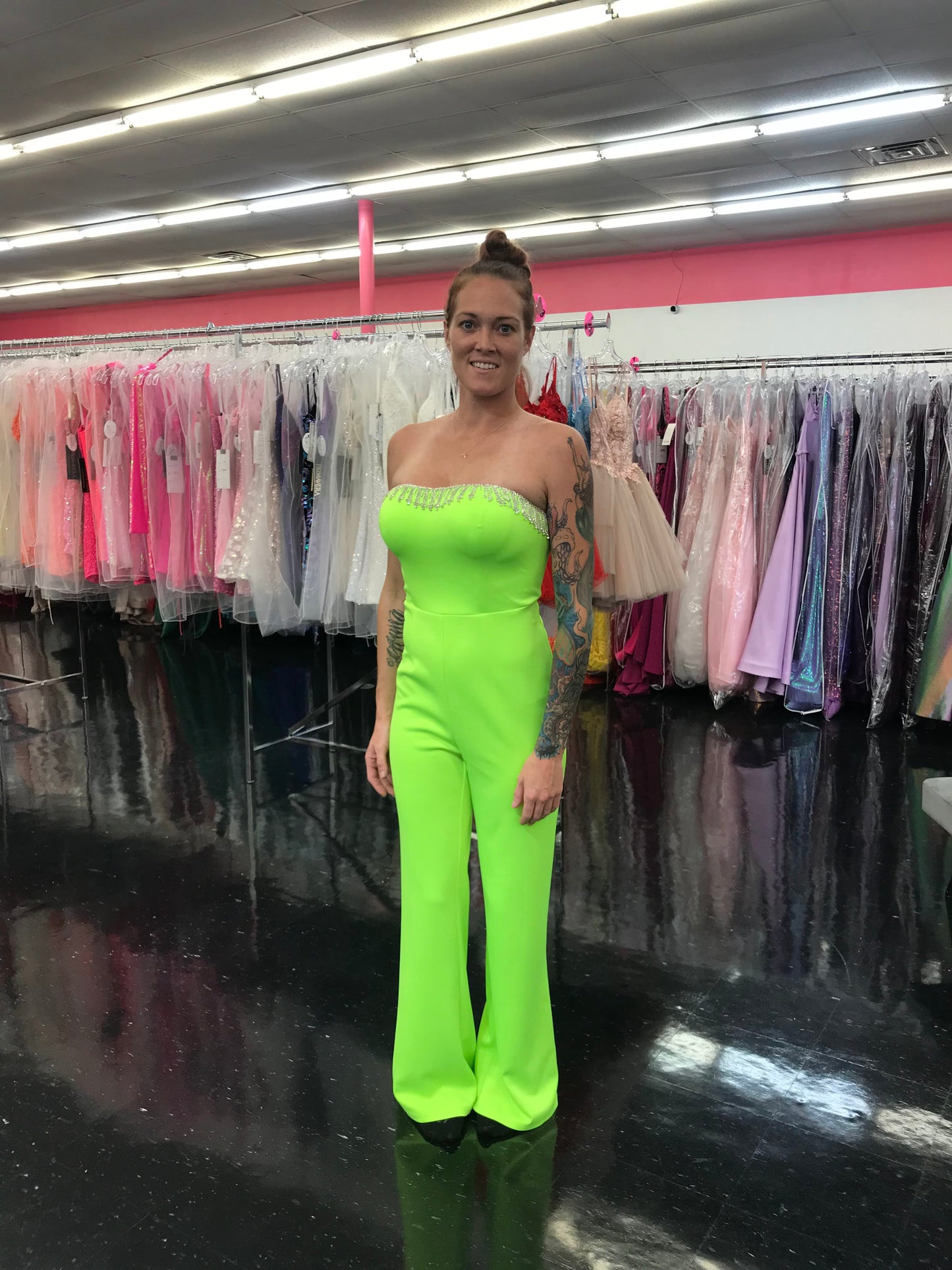 Marc Defang 8180 Long Scuba Strapless Jumpsuit Crystal Fringe Tassel Pageant Neon  Available Size:  0, 10  Available Color:  Neon Green