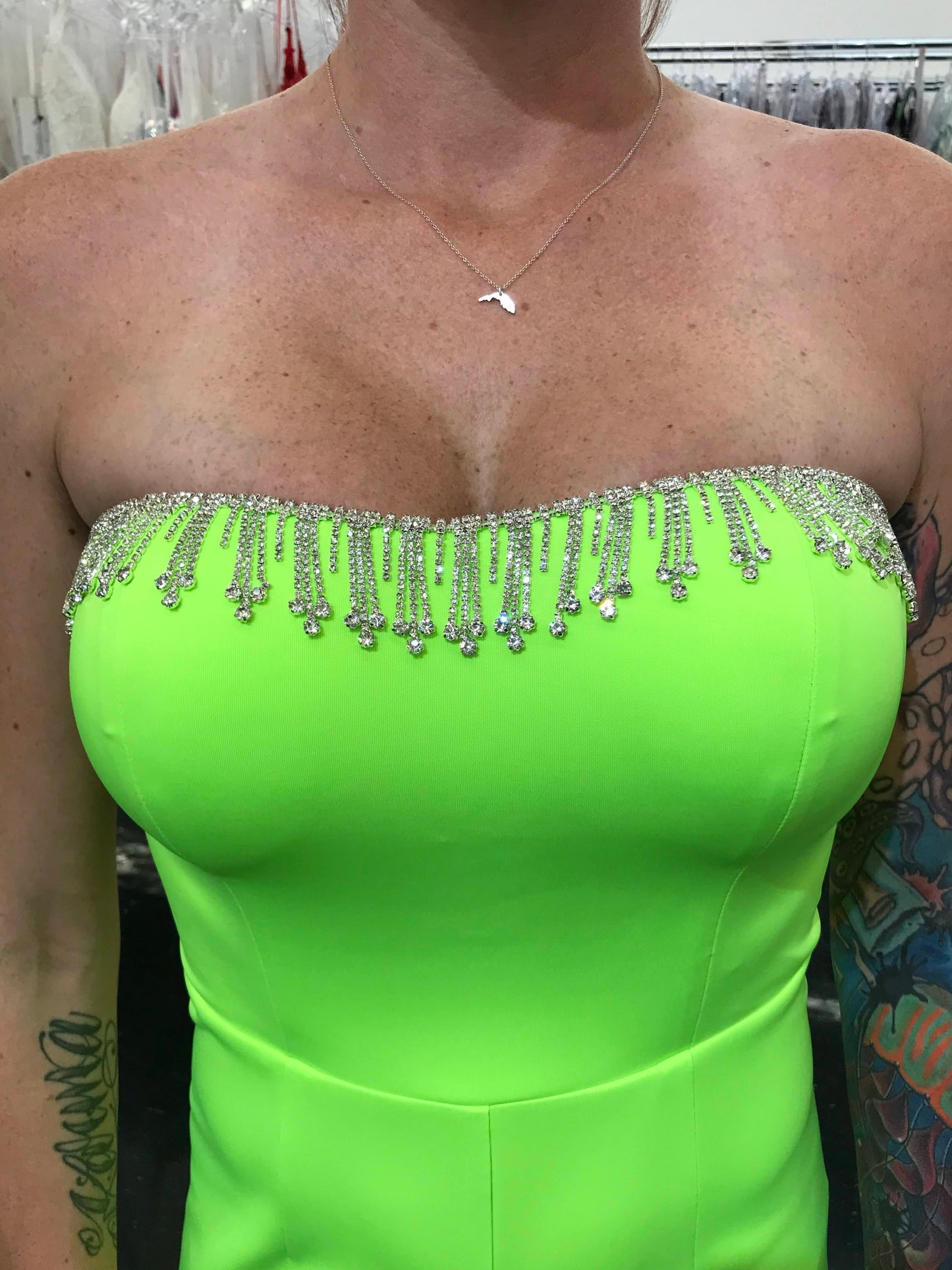 Marc Defang 8180 Long Scuba Strapless Jumpsuit Crystal Fringe Tassel Pageant Neon  Available Size:  0, 10  Available Color:  Neon Green