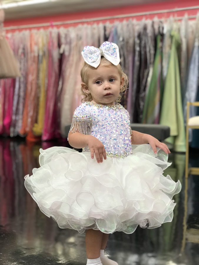 Sugar Kayne C203 Short Girls Cupcake Velvet Sequin Pageant Dress Crystal Fringe Tassel Cap Sleeve corset back  Sizes: 0M, 6M, 12M, 18M, 24M, 2T, 3T, 4T, 5T, 6T  Colors: Cotton Candy, Powder Blue, Unicorn