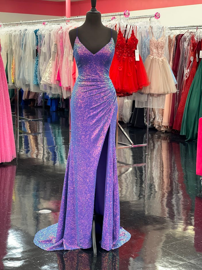 Stella Couture 23141 Long Fitted Sequin Backless Corset Prom Dress Slit Formal Gown Ruched waist  Sizes: 0-16  Colors: PURPLE, LIGHT GREEN, FUCHSIA, ORANGE, GREEN, BLUE