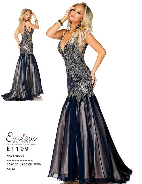 Envious Couture 1199 Size 12,14 Navy Lace Chiffon Mermaid Pageant Dress Prom Gown