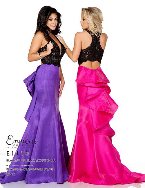 Envious Couture E1110 Black/Purple  Beaded lace bodice with shimmer satin mermaid skirt prom dress   Envious Couture style 1110 