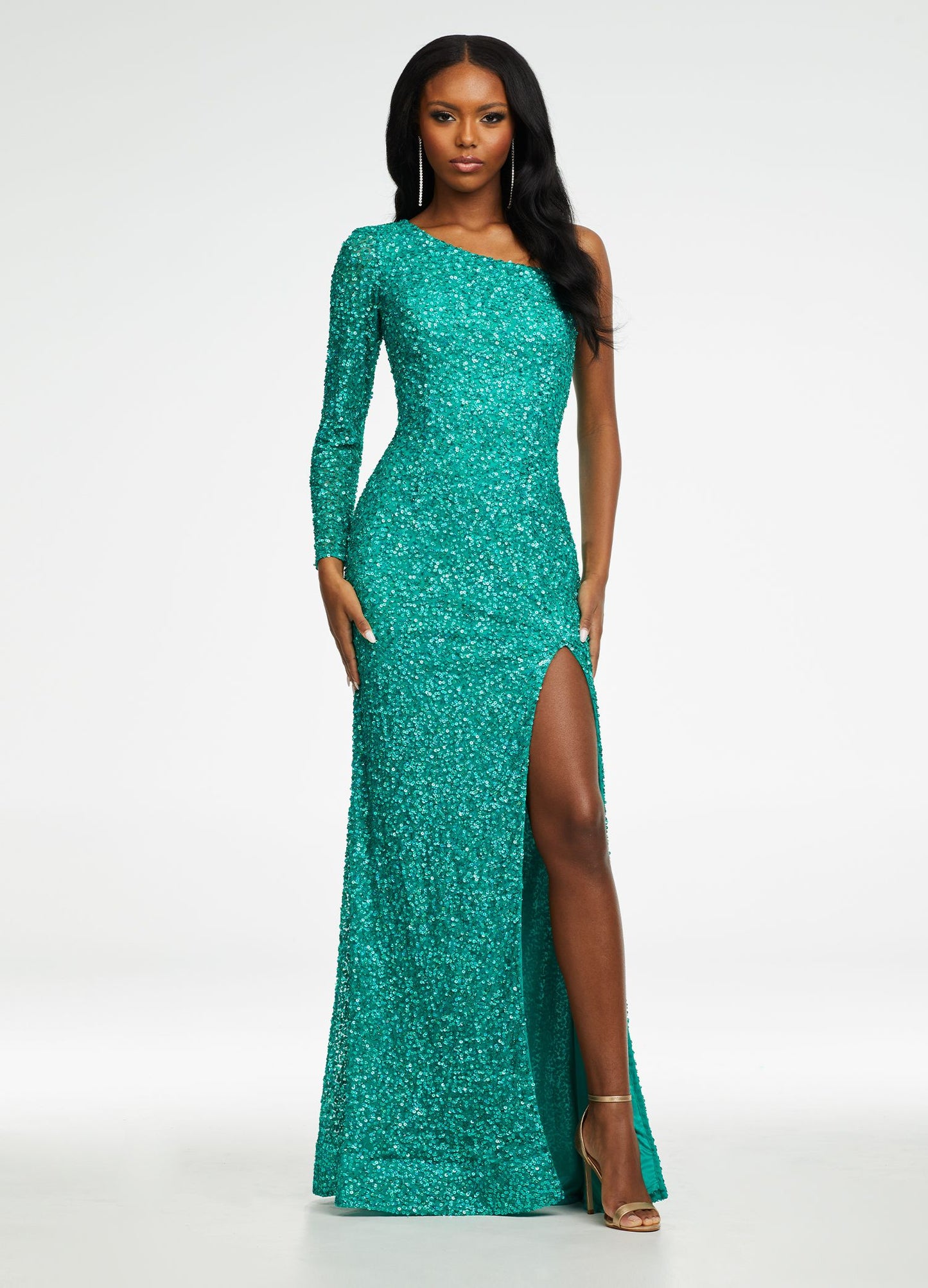 Ashley Lauren 1977 Prom Dress Pageant Gown One Sleeve Fully Beaded Long Prom Dress with High Side Slit