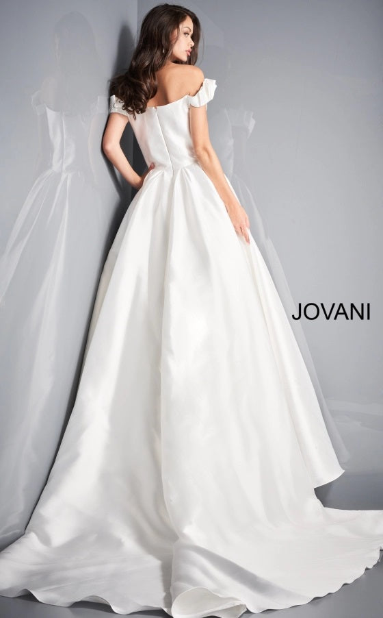 Jovani Bridal JB2500 Ivory Pleated A Line Ruffle Off the Shoulder Wedding Dress  Available Sizes: 00-24  Available Colors: Ivory