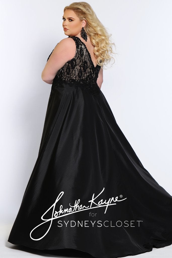 Johnathan Kayne for Sydneys Closet JK2016 Stingray halter neckline fitted lace plus size prom dress with flowy taffeta over skirt JK 2016 Evening gown pageant gown, wedding dress  Available colors:  Ruby Red/Nude, Emerald Green/Nude, Onyx/Nude, Fuchsia/Fuchsia, Ivory/Nude  Available sizes:  14-24 