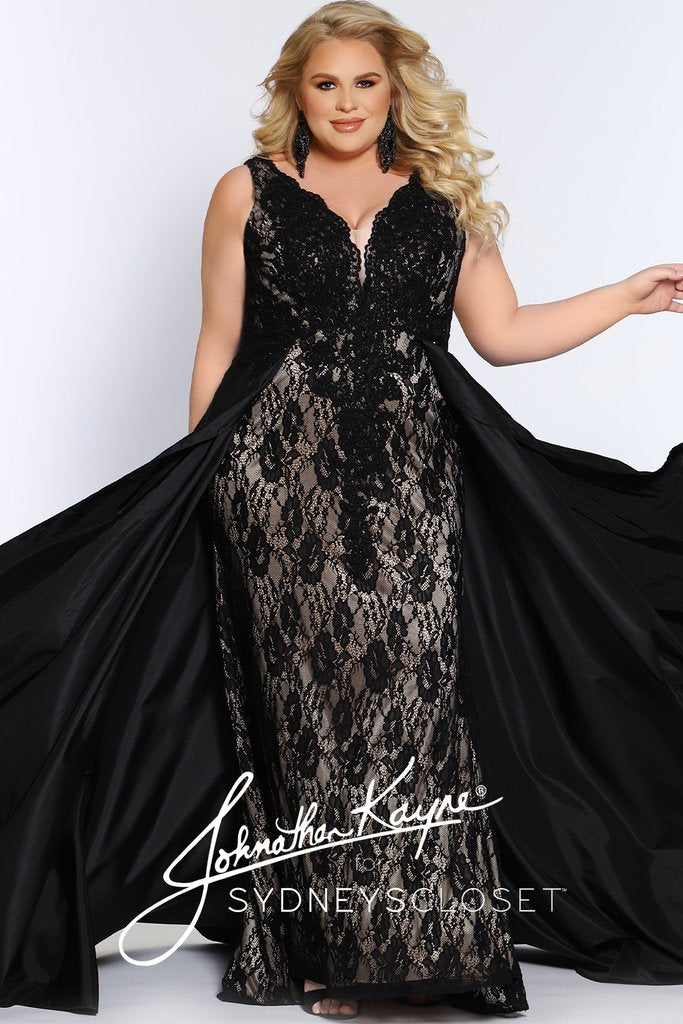 Johnathan Kayne for Sydneys Closet JK2016 Stingray halter neckline fitted lace plus size prom dress with flowy chiffon over skirt  Evening gown pageant gown  Available colors:  Ruby Red/Nude, Emerald Green/Nude, Onyx/Nude, Fuchsia/Fuchsia, Ivory/Nude  Available sizes:  14-24 