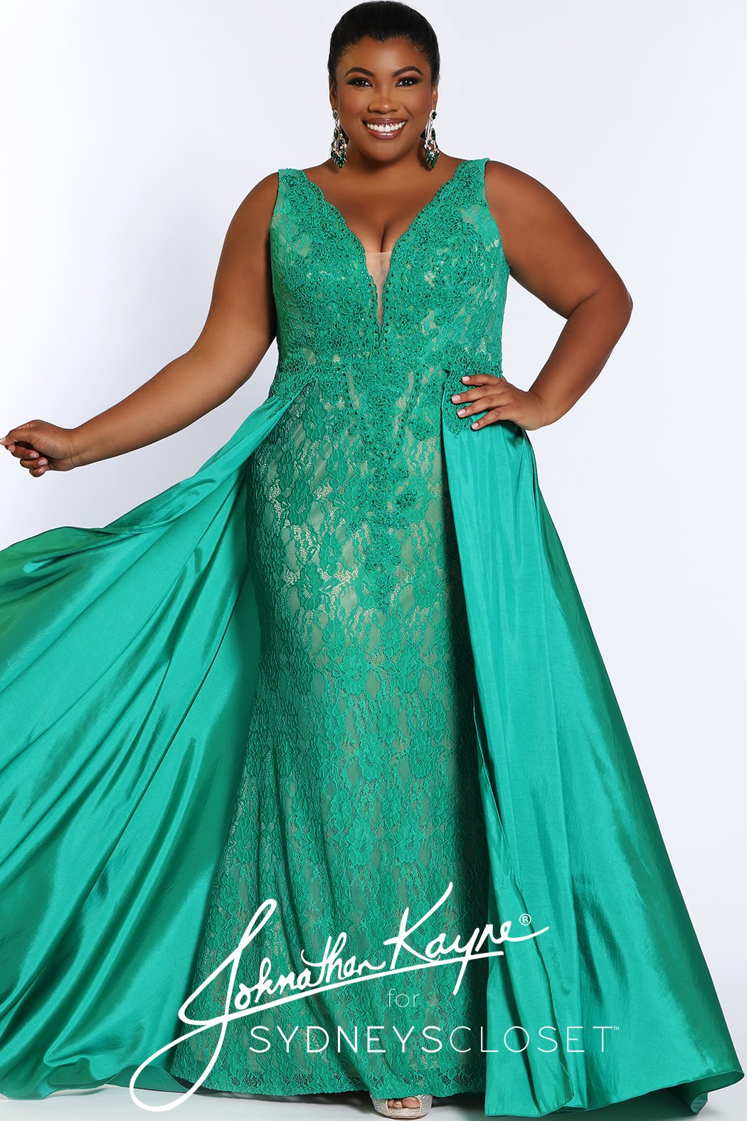 Johnathan Kayne for Sydneys Closet JK2016 Stingray halter neckline fitted lace plus size prom dress with flowy chiffon over skirt  Evening gown pageant gown  Available colors:  Ruby Red/Nude, Emerald Green/Nude, Onyx/Nude, Fuchsia/Fuchsia, Ivory/Nude  Available sizes:  14-24 