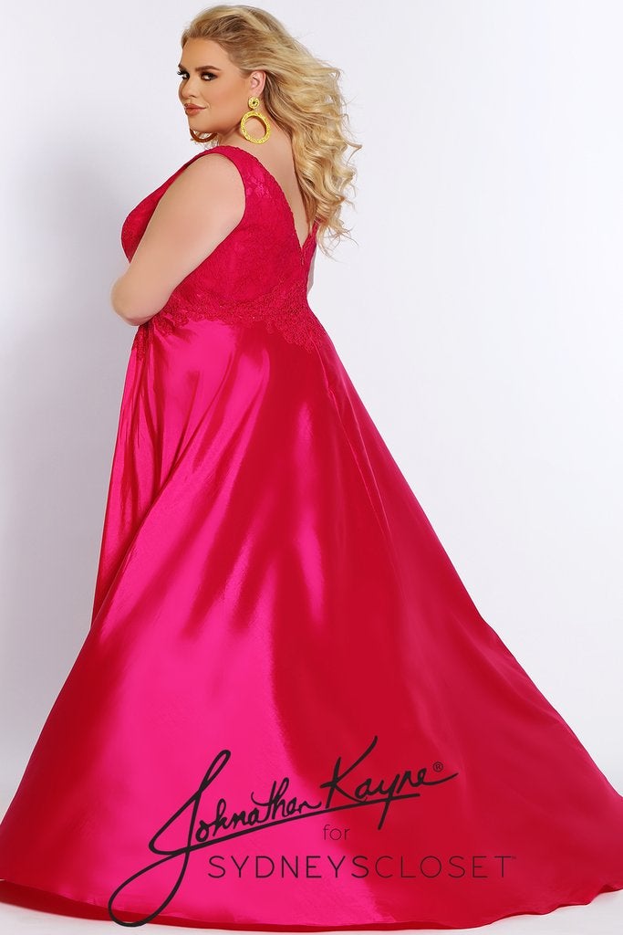 Johnathan Kayne for Sydneys Closet JK2016 Stingray halter neckline fitted lace plus size prom dress with flowy taffeta over skirt JK 2016 Evening gown pageant gown, wedding dress  Available colors:  Ruby Red/Nude, Emerald Green/Nude, Onyx/Nude, Fuchsia/Fuchsia, Ivory/Nude  Available sizes:  14-24 