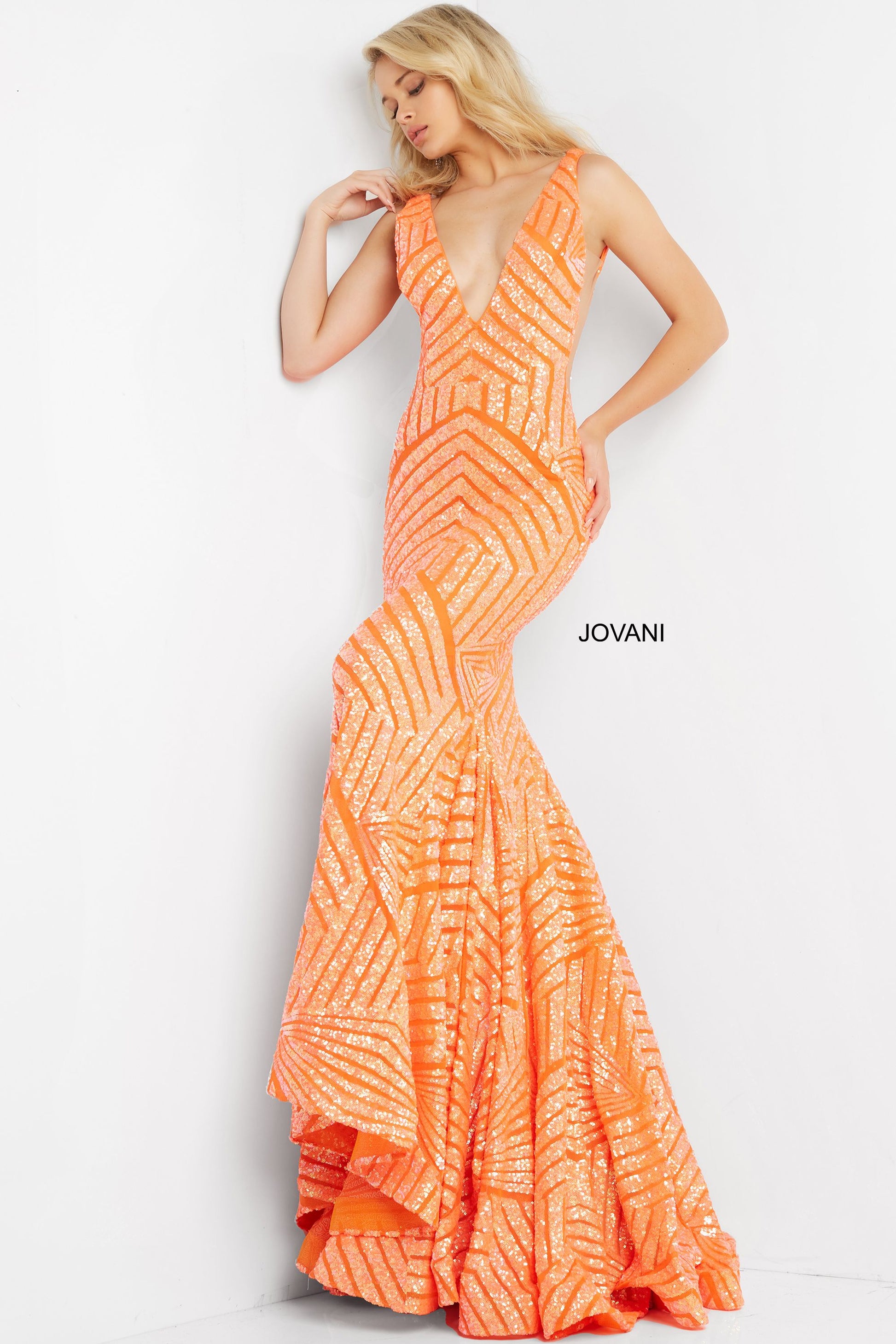 JOVANI-59762-ORANGE-PROM-DRESS-FRONT-NEON-PLUNGING-NECKLINE-MERMAID