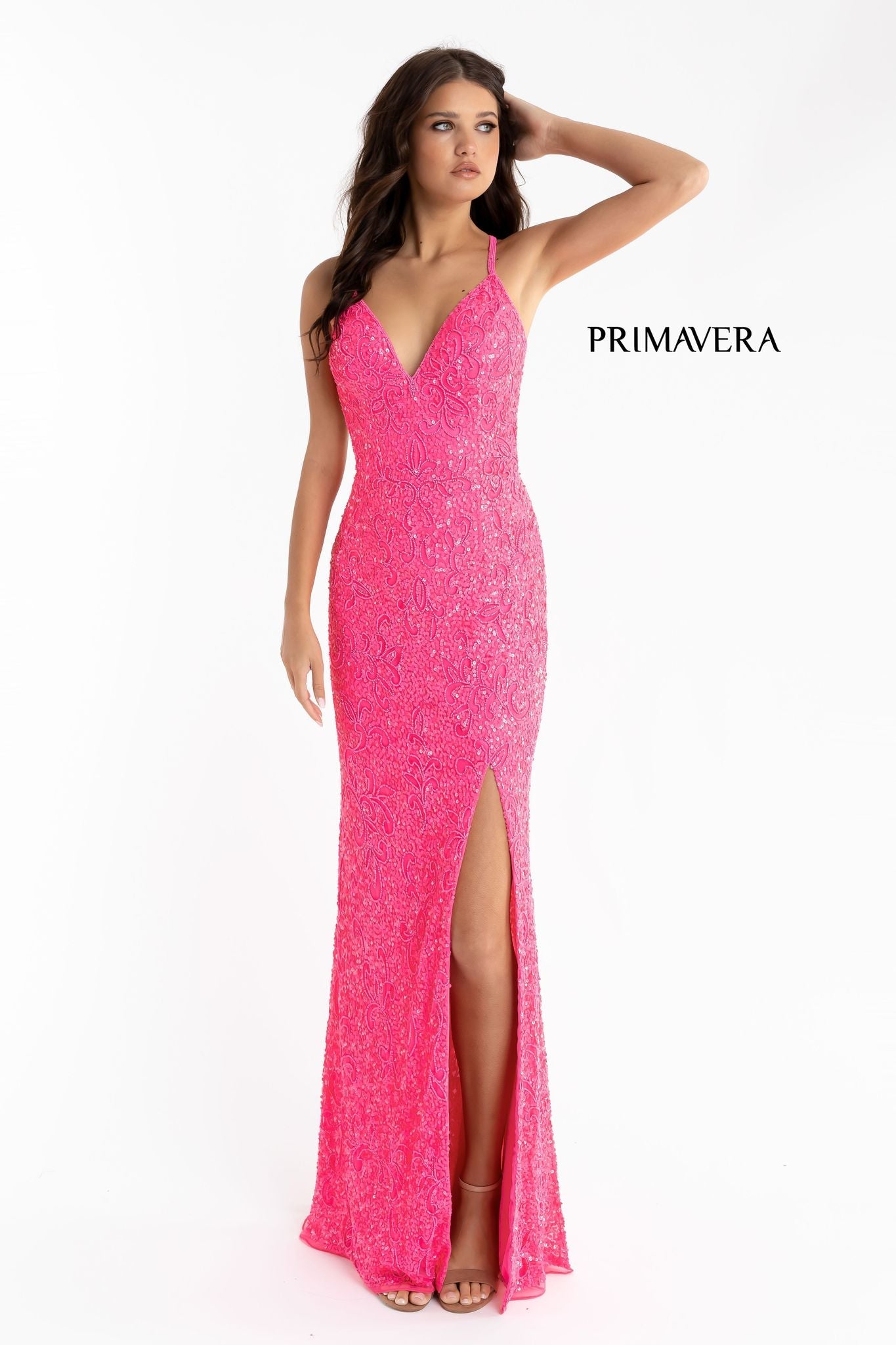 Primavera Couture 3295 Exclusive  Prom Dress, Formal Evening Gown.  This exclusive prom dress is designed with sequins throughout.  I has a V neckline with beaded spaghetti straps that crisscross in the open back.  It is long with a left side slit.  Available Colors:  FUSHIA,CREAM,EMERALD,IVORY,PEACOCK,BLACK,MIDNIGHT,NEON LILAC,NEON PINK,FORREST GREEN,PURPLE,TURQUOISE,CORAL,BLUE,RED,LIGHT BLUE,NEON SAGE