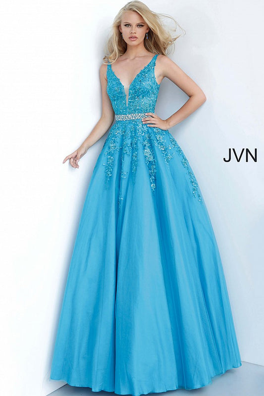 JVN00925 Turquoise Floral embroidered prom dress ballgown, crystal-embellished belt at waist, sleeveless bodice, deep V neck, V back evening gown