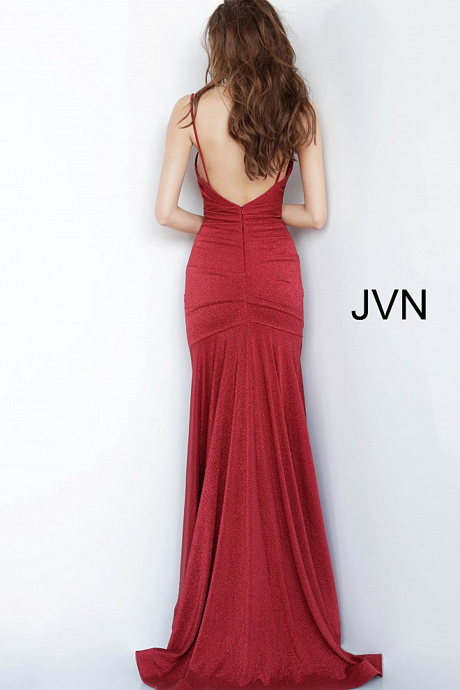 JVN by Jovani 00967 Burgundy Fitted Shimmer Long Prom Dress Ruched cowl neckline satin evening gown 