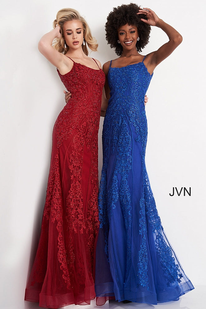 Jovani JVN02012 is a long Fitted embroidered lace Prom Dress featuring a modest neckline with spaghetti straps. Corset back ensures a perfect fit & a touch of class. Embroidered lace cascades down the bodice or the dress into the tulle edge skirt. Lace up corset back. JVN 02012  Available Colors: lilac, royal, wine  Available Sizes: 00, 0, 2, 4, 6, 8, 10, 12, 14, 16, 18, 20, 22, 24 