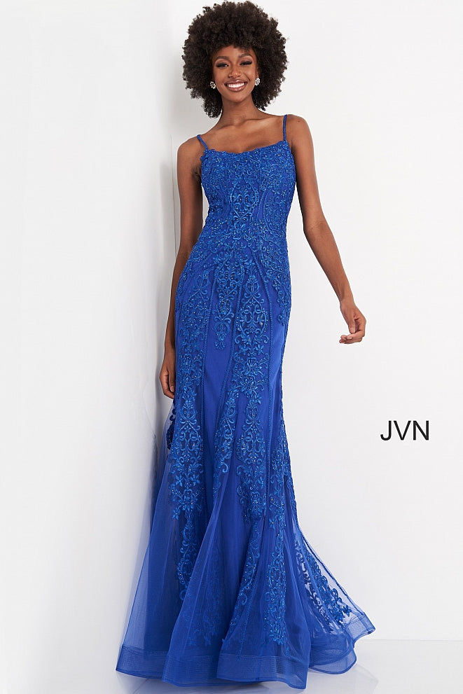 Jovani JVN02012 is a long Fitted embroidered lace Prom Dress featuring a modest neckline with spaghetti straps. Corset back ensures a perfect fit & a touch of class. Embroidered lace cascades down the bodice or the dress into the tulle edge skirt. Lace up corset back. JVN 02012  Available Colors: lilac, royal, wine  Available Sizes: 00, 0, 2, 4, 6, 8, 10, 12, 14, 16, 18, 20, 22, 24 