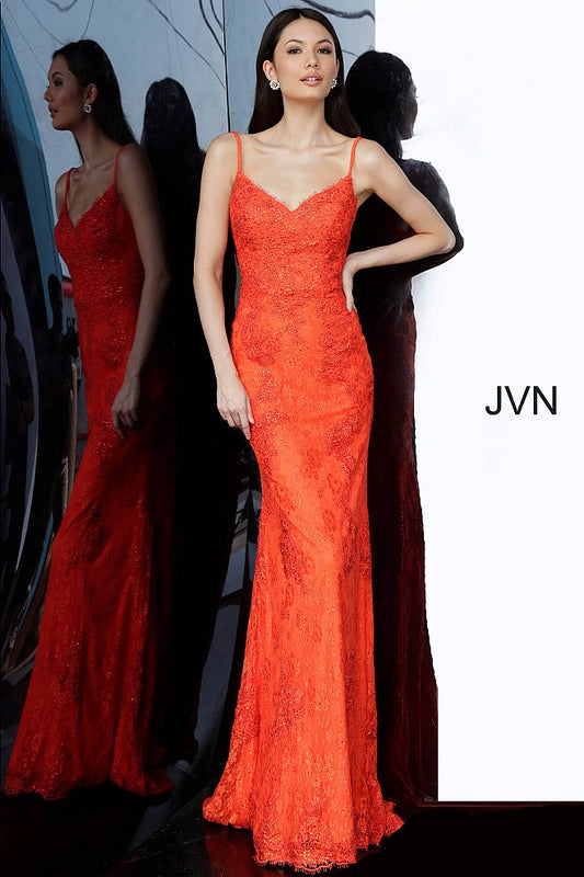 JVN by Jovani 02013 Orange Red is a long fitted prom dress with embellished lace. Flared skirt with fitted bodice. eyelash lace along the sweetheart neckline with spaghetti straps. Absolutely stunning evening gown