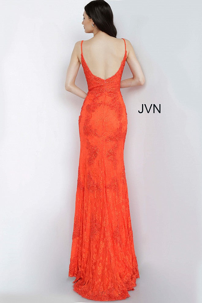 JVN by Jovani 02013 Orange Red is a long fitted prom dress with embellished lace. Flared skirt with fitted bodice. eyelash lace along the sweetheart neckline with spaghetti straps. Absolutely stunning evening gown