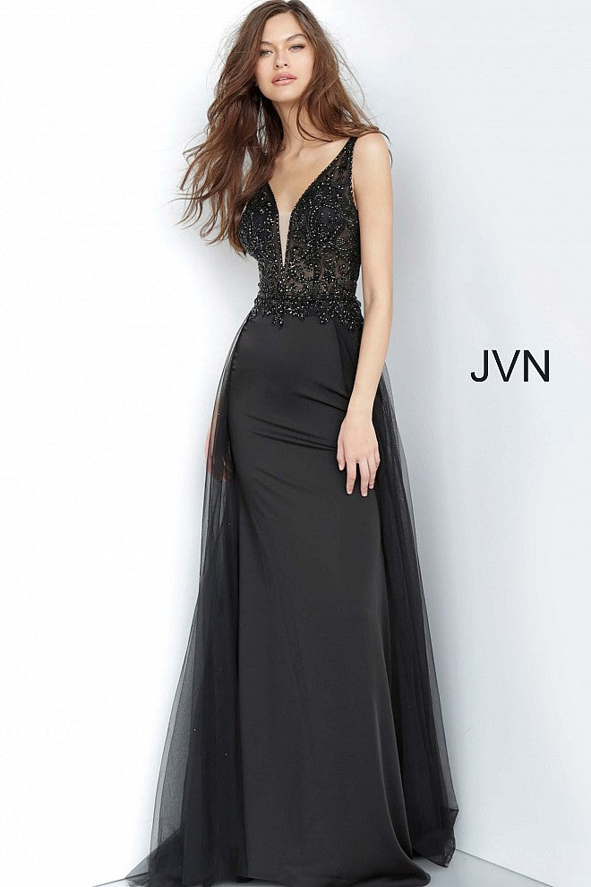 JVN 02253 is a long fitted Prom Dress with a sheer Embellished bodice with a Deep V Plunging Neckline with a mesh insert. Features an open V Back. Fitted Skirt has a tulle overlay overskirt with embellishments cascading from the bodice to add a soft transition. Great pageant gown or Dress for any formal event!