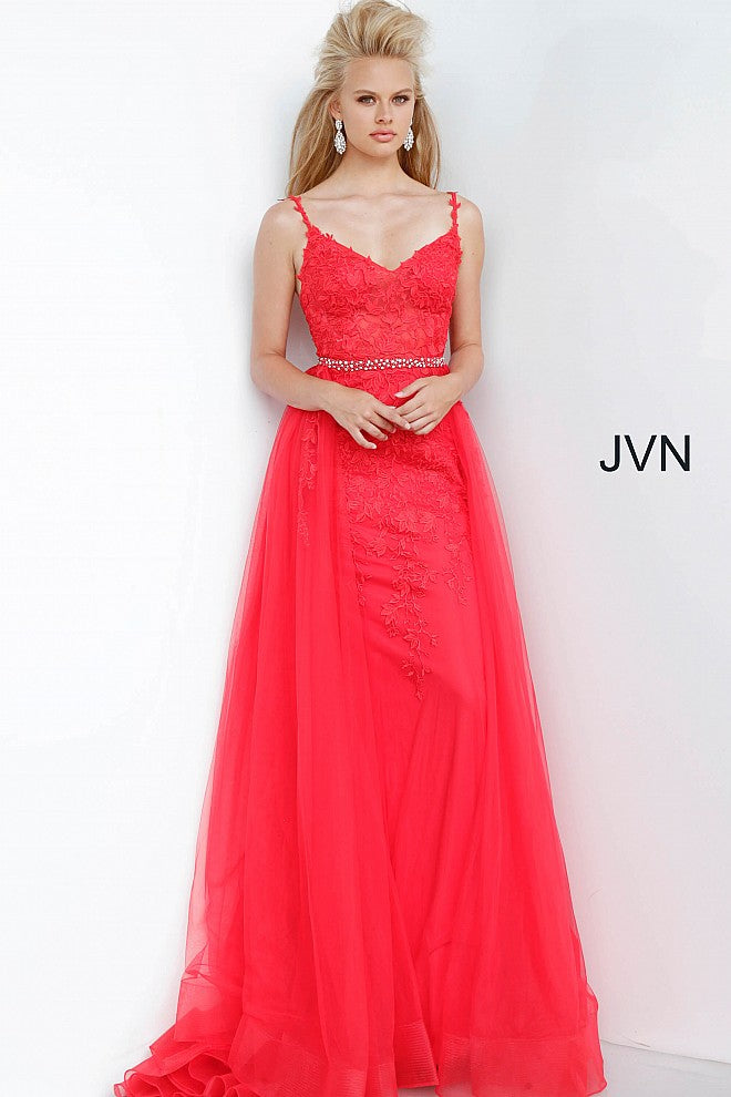 JVN by Jovani 02260 Red Floral lace prom dress, fitted floor length skirt with tulle over skirt, crystal embellished thin belt at waist, fitted sleeveless bodice with V neck, Spaghetti straps over shoulders, open back.