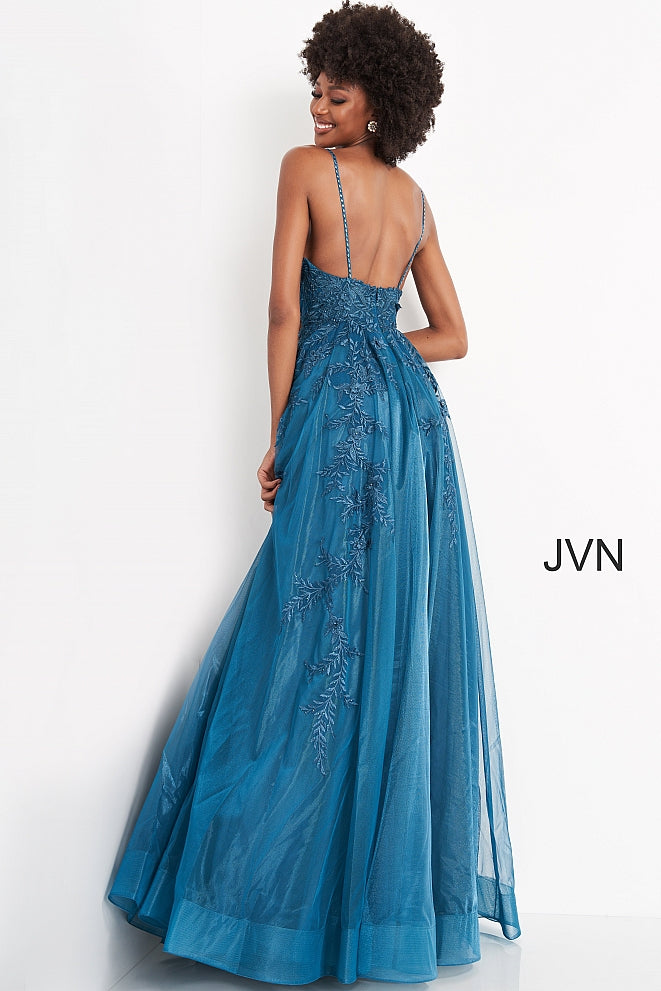 Jovani JVN02266 plunging v neckline embroidered lace A line prom dress, pageant gown evening dress with lace that flows down the long A line skirt.  JNV by Jovani 02266 Prom Dress, Evening Gown  Available colors:  Red, Teal, White  Available sizes:  00, 0, 2, 4, 6, 8, 10, 12, 14, 16, 18, 20, 22, 24