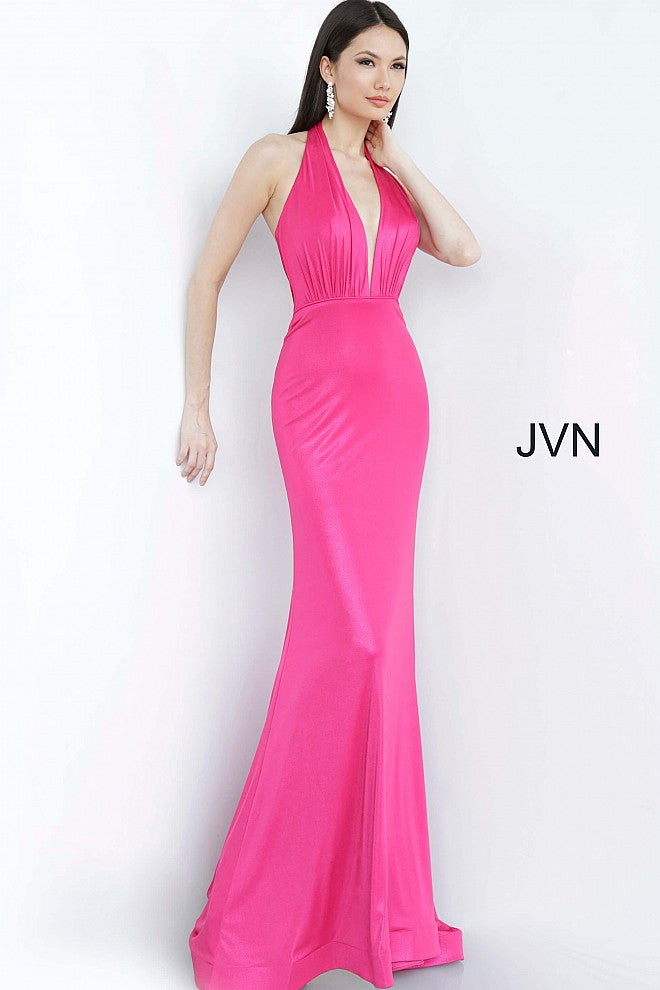 JVN02378 Fuchsia Stretch fabric, form fitting silhouette, floor length high waist skirt with sweeping train, sleeveless bodice with open back, halter plunging v neck, ruching at bust and low back