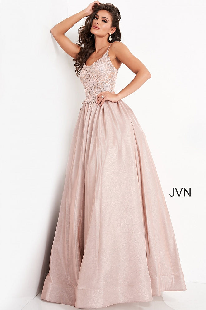 JVN03038 sheer embellished embroidered lace bodice scoop neckline with spaghetti straps, lace up corset open back shimmer iridescent long prom dress ball gown with pockets Colors:  Nude, Perri, Red  Sizes:  00, 2, 4, 6, 8, 10, 12, 14, 16, 18, 20, 22, 24