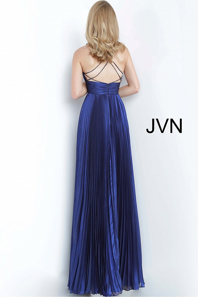 JVN 03061 is a long Iridescent Pleated maxi prom dress with a v neckline and embellished spaghetti straps and an open back with detailed crossing strap patterns.