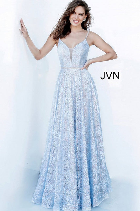 JVN03111 Long metallic lace prom dress with iridescent shimmer floral pattern plunging neckline sheer panel embellished spaghetti straps high v back with zipper and crystal belt attached